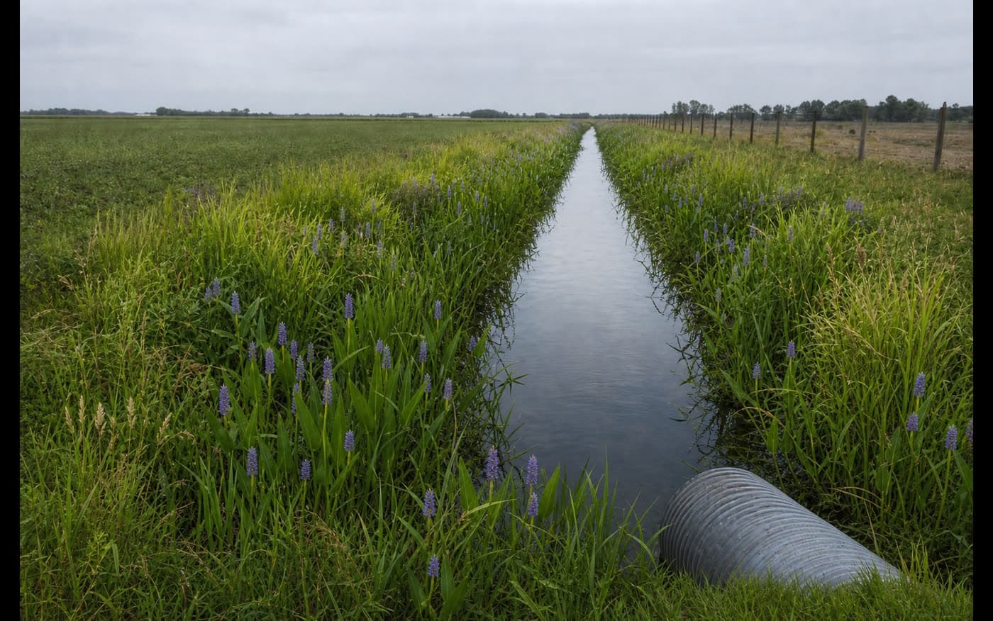 Commercial farm edge with vegetated wetland buffer and BMP swale